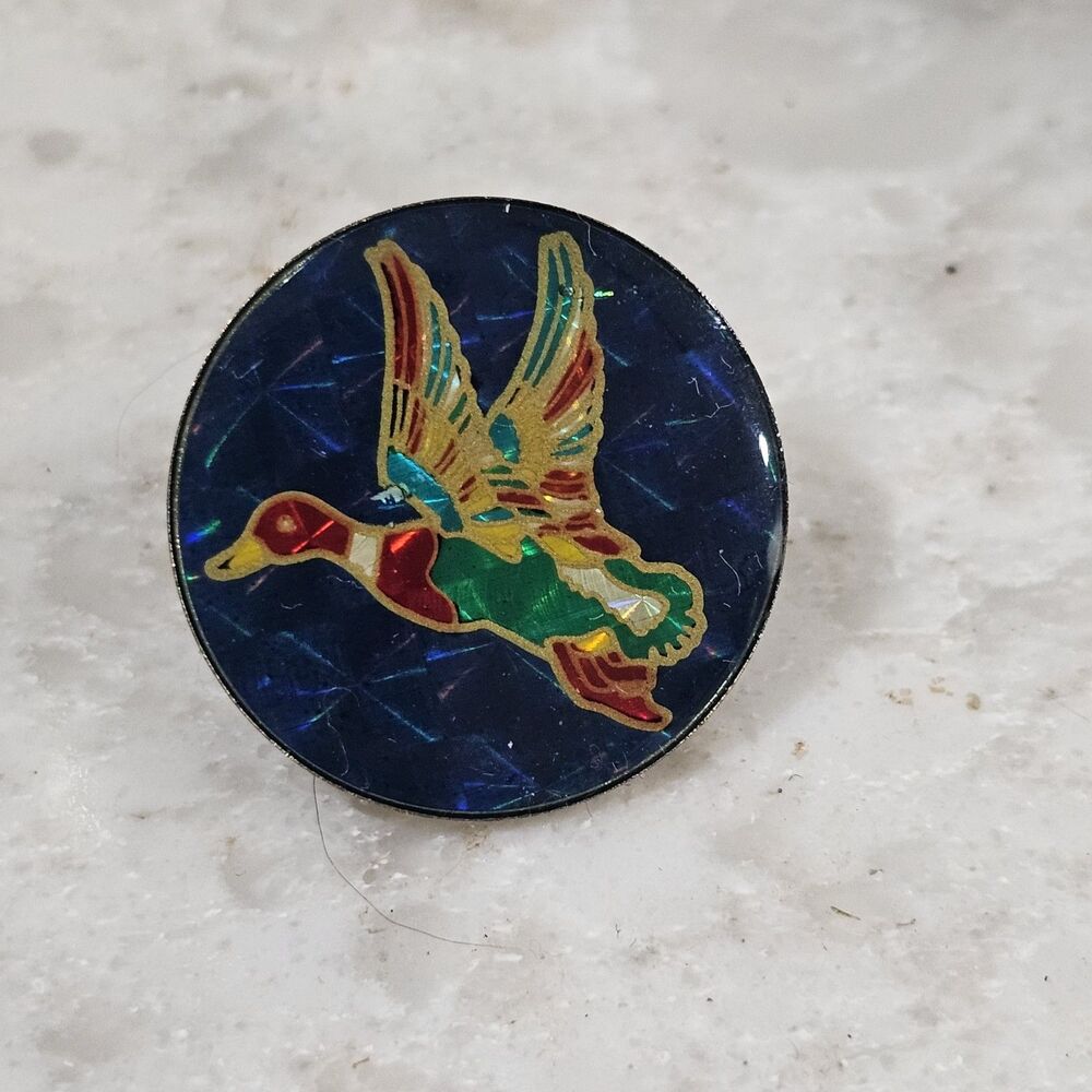 Vintage Holographic Flying Duck 1" Round Pinback Lapel